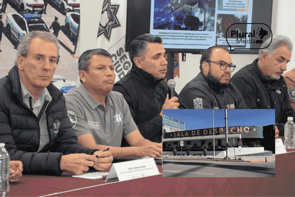 Francisco Sánchez González, secretario de SSP; Félix Pallares Miranda, secretario de SSC, y Pepe Chedraui, alcalde de Puebla, dan rueda de prensa sobre la balacera en Sala de Despecho