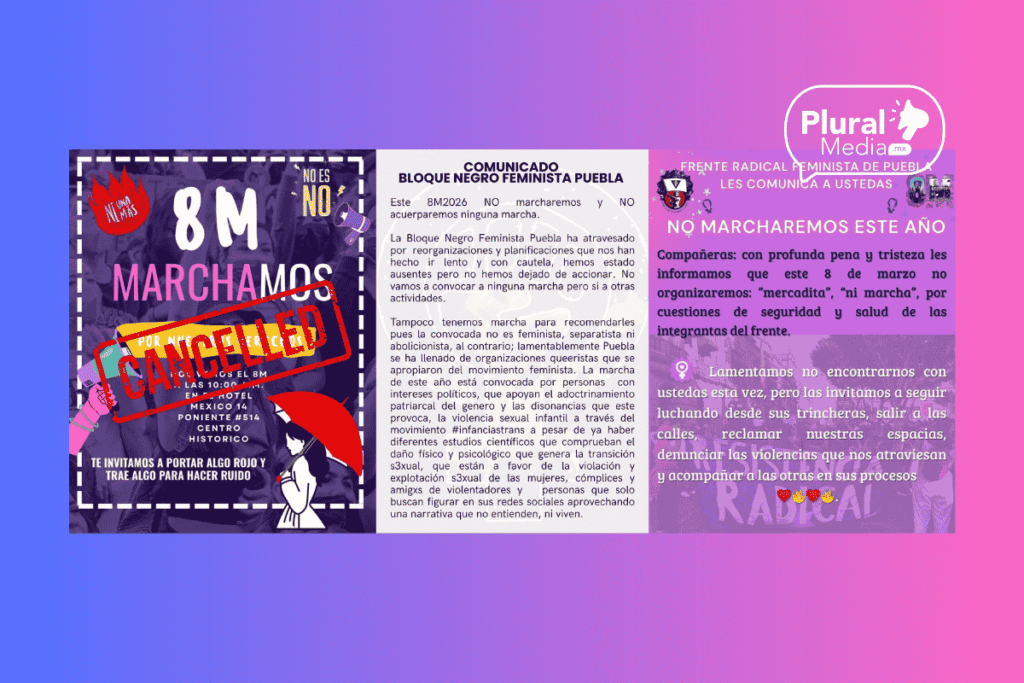 Tres colectivas feministas anunciaron que no participarían en la marcha del 8M en Puebla por distintos motivos.