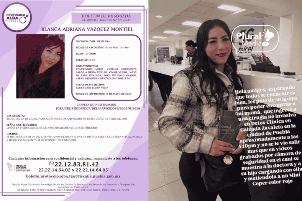 Investigan desaparición de Blanca Adriana tras acudir a clínica estética en Puebla; acusan posible privación ilegal de la libertad